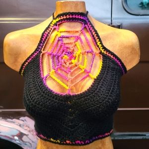 Black & Tie Dye Orange Red Yellow Goth Crochet Spider Web Crochet Crop Top S-L
